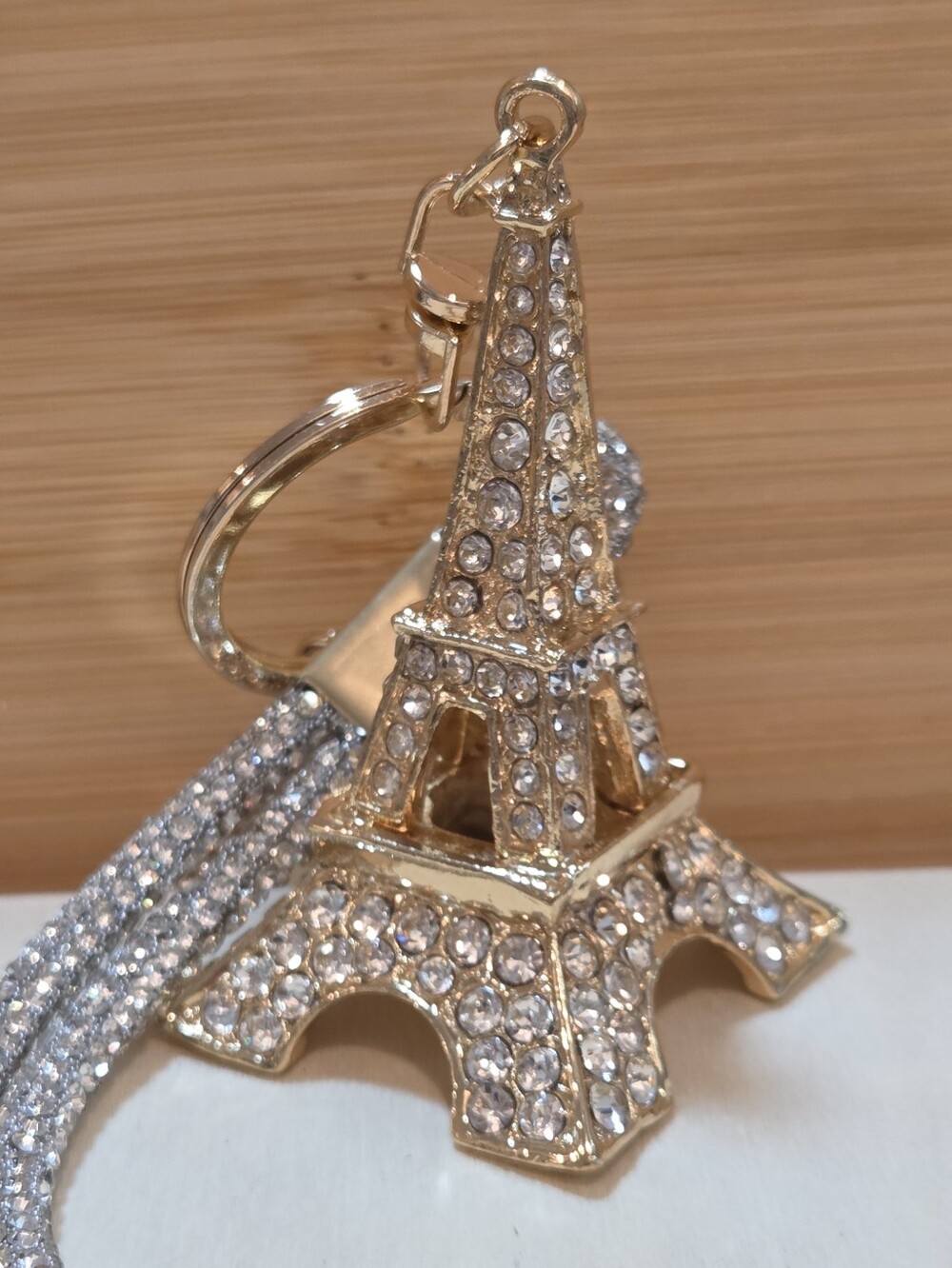 Gold Eiffel Tower Keychain Crystal Rhinestone Mesh Strap Crown Charm Bag Ring